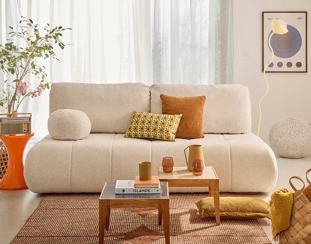 Canapé droit convertible 3 places avec coffre en tissu texturé beige - Maisons du Monde