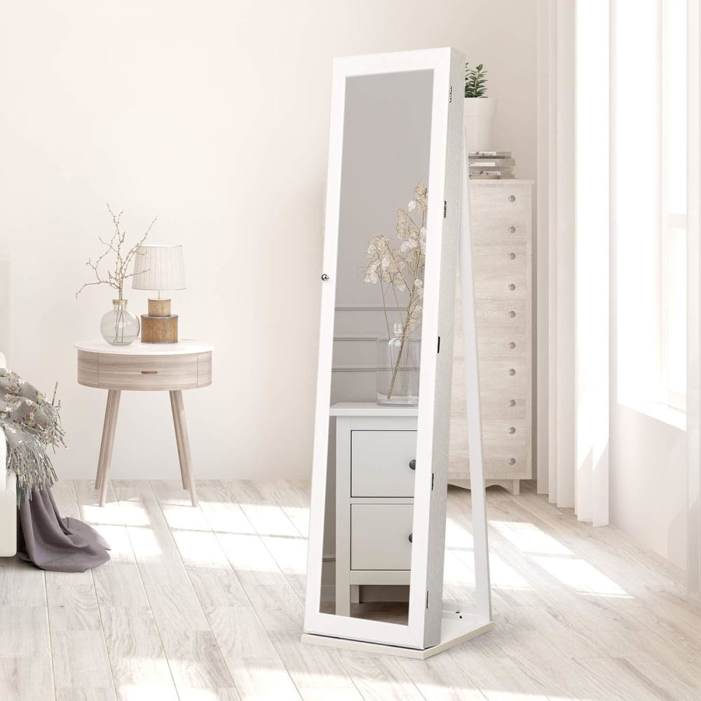 Armoire à bijoux blanc avec miroir sur pied pour chambre