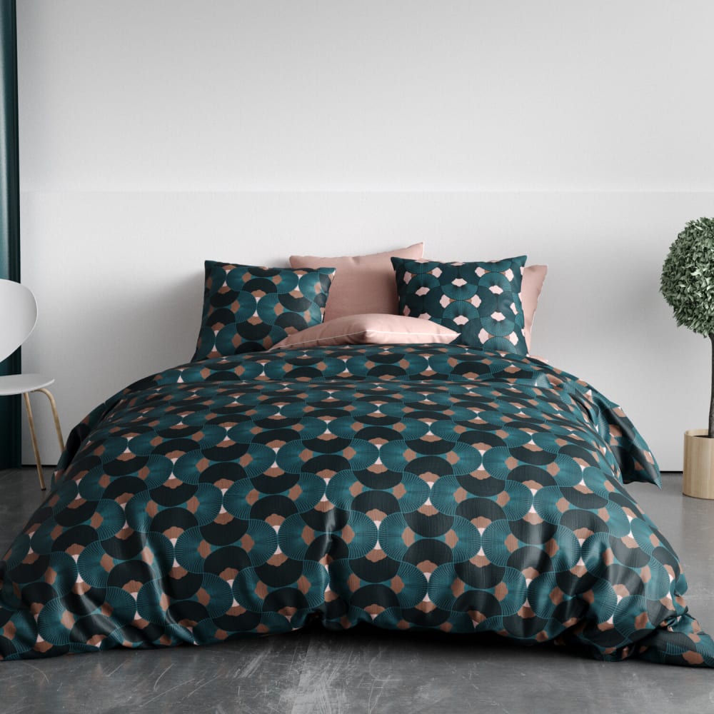 Atelier du coton Parure de couette 100% coton 57 fils imprimée 240x220cm 2 taies style classique chic Vert