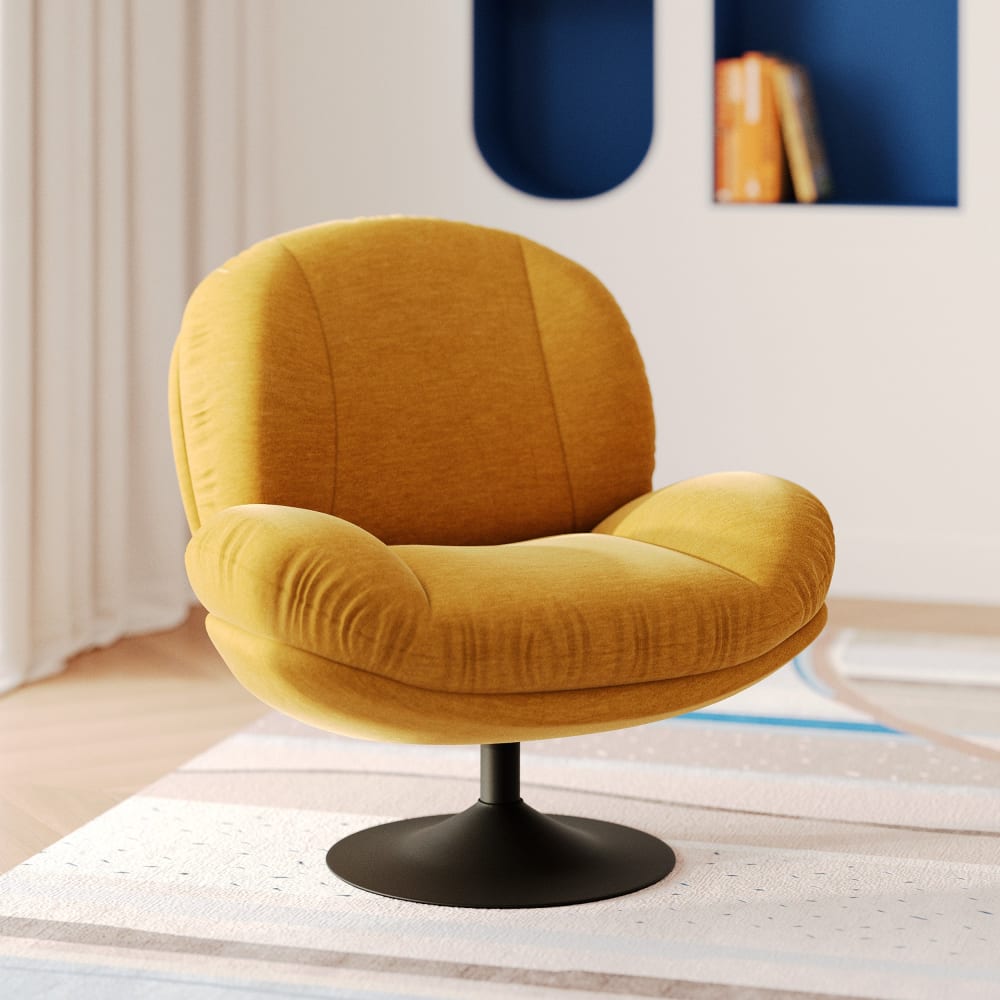 Fauteuil pivotant en tissu effet velours jaune moutarde