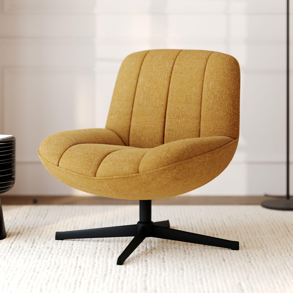 Fauteuil pivotant en tissu effet velours jaune moutarde