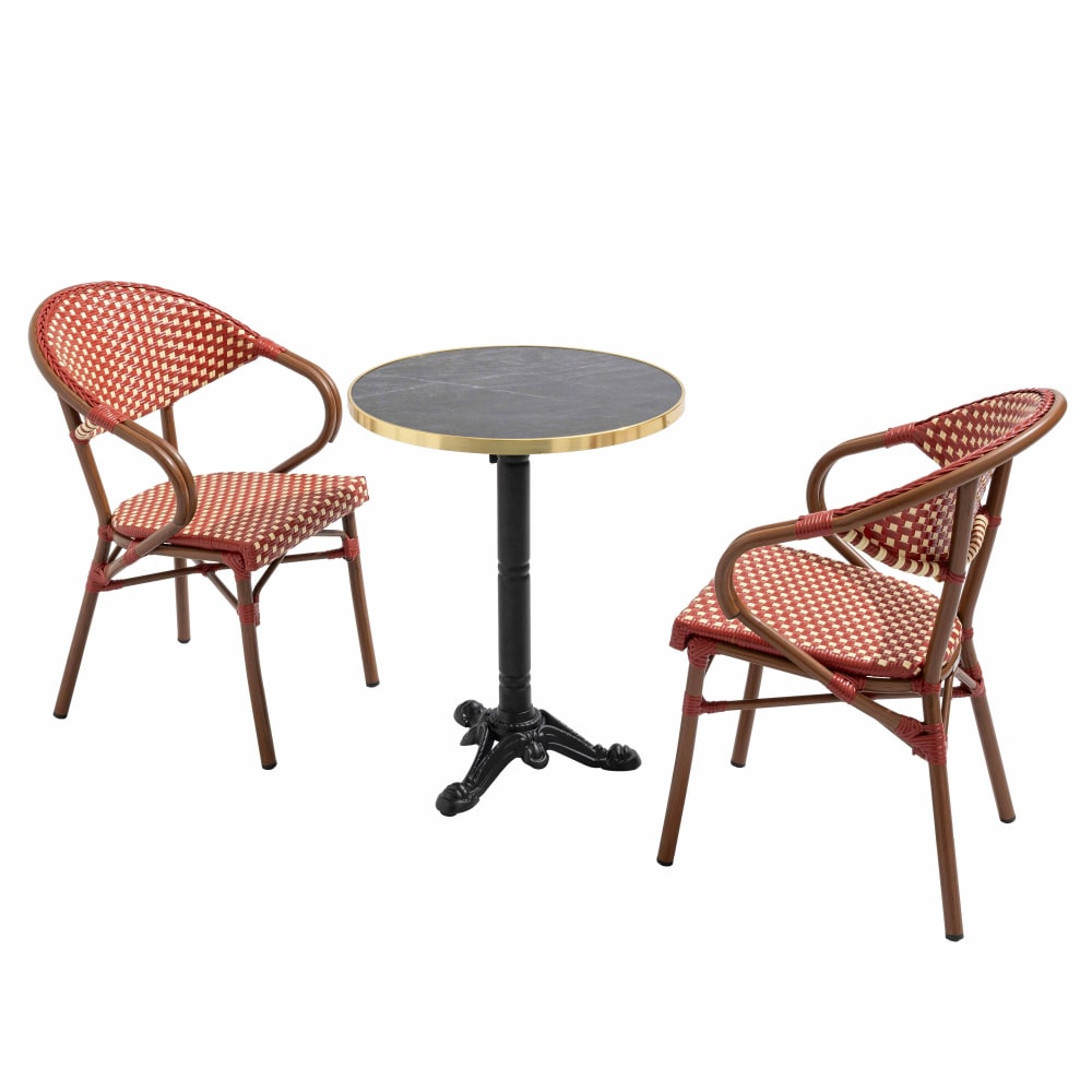 Table de terrasse 60cm inclinable marbre noir et 2 chaises rouge