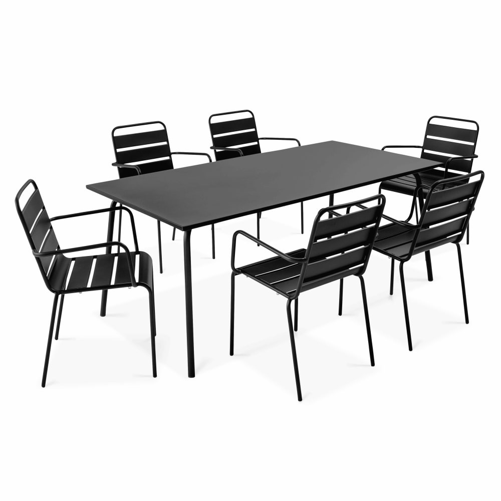 Ensemble table de jardin et 6 fauteuils en métal noir