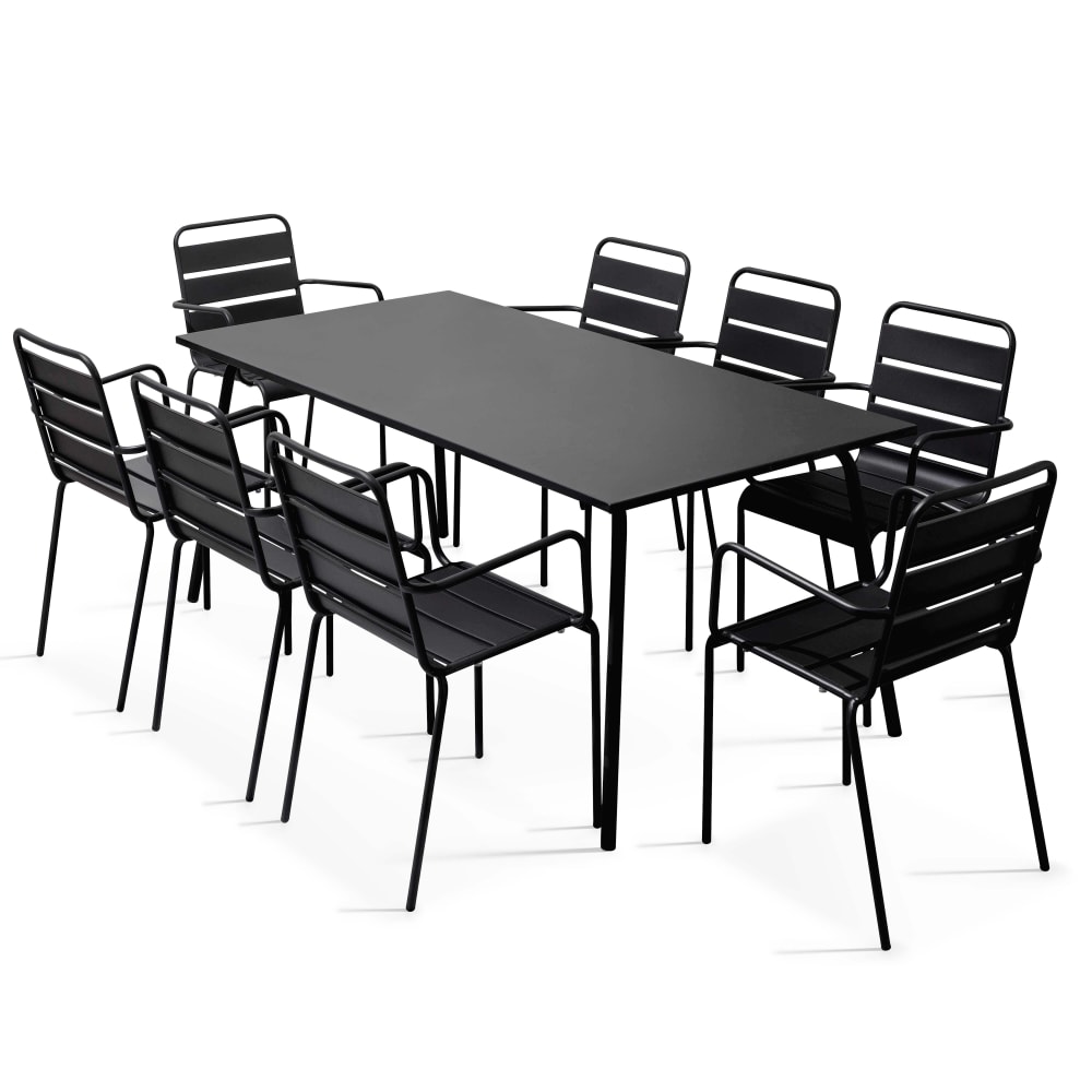 Ensemble table de Jardin et 8 fauteuils en métal noir