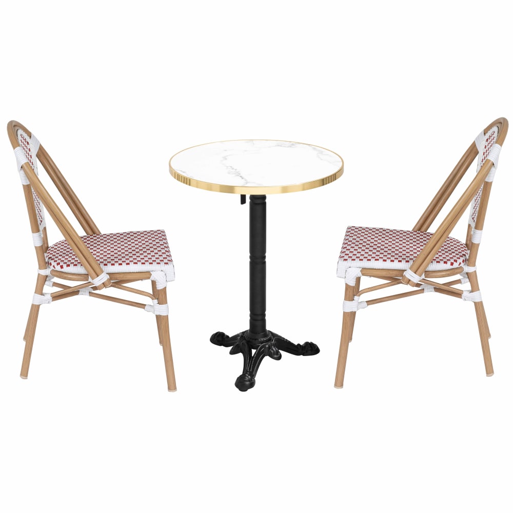 Ensemble table de terrasse inclinable marbre blanc et 2 chaises rouge