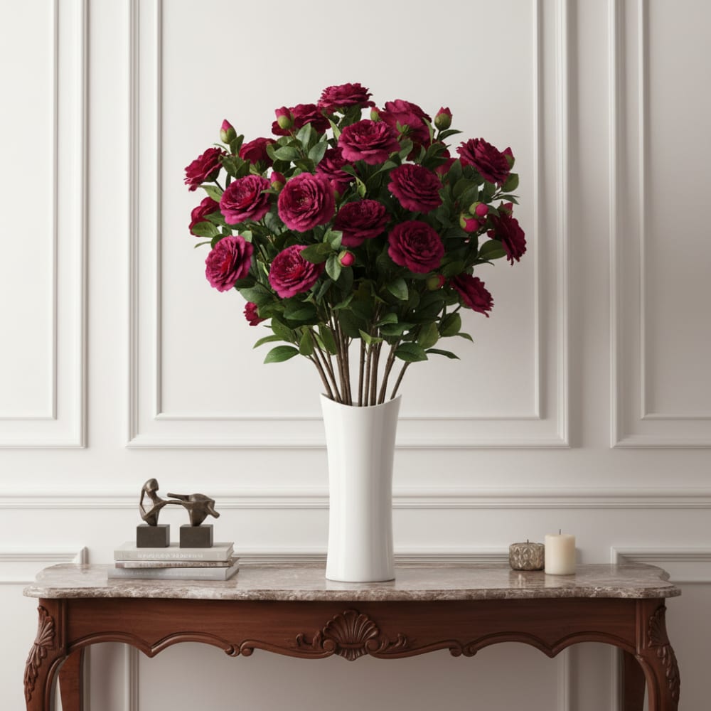Tige de camélia artificielle crème et rose fuchsia H52 - Maisons du Monde