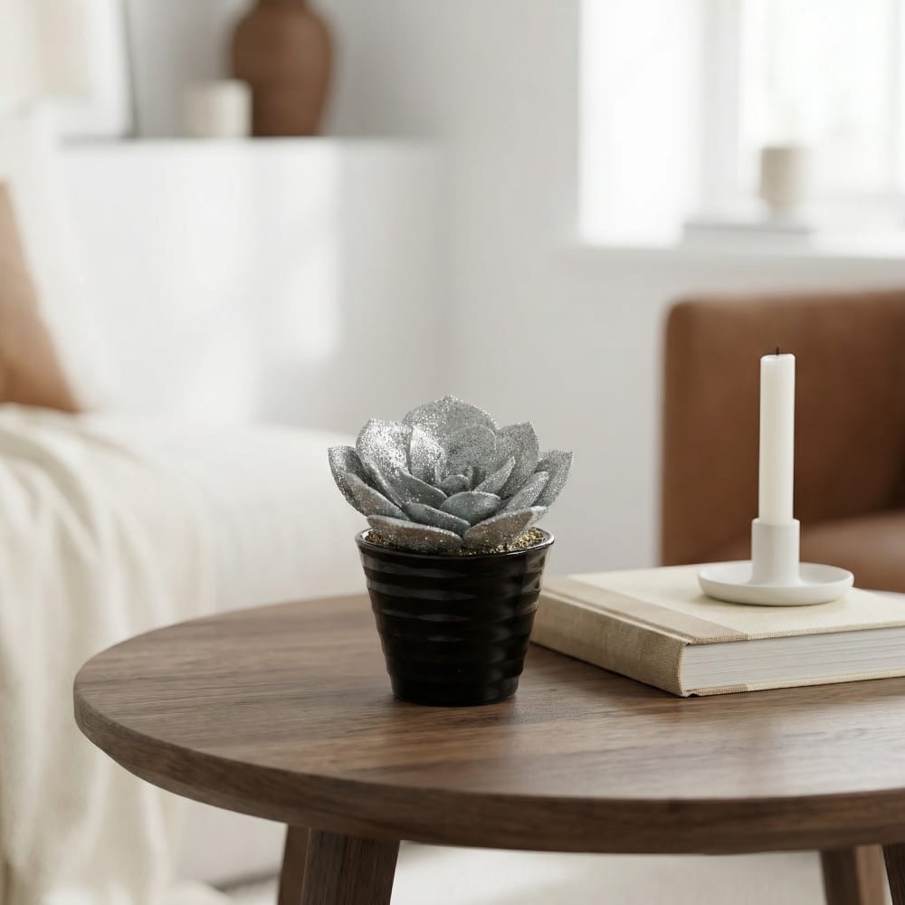 Succulente artificielle echeveria pailletée en pot argenté H15 - Maisons du Monde