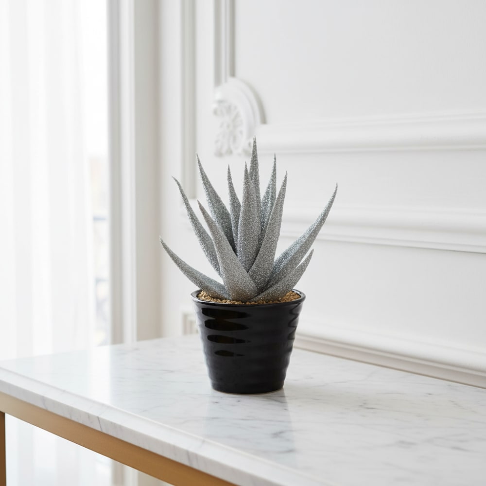 Succulente artificielle haworthia pailletée en pot argenté H15 - Maisons du Monde