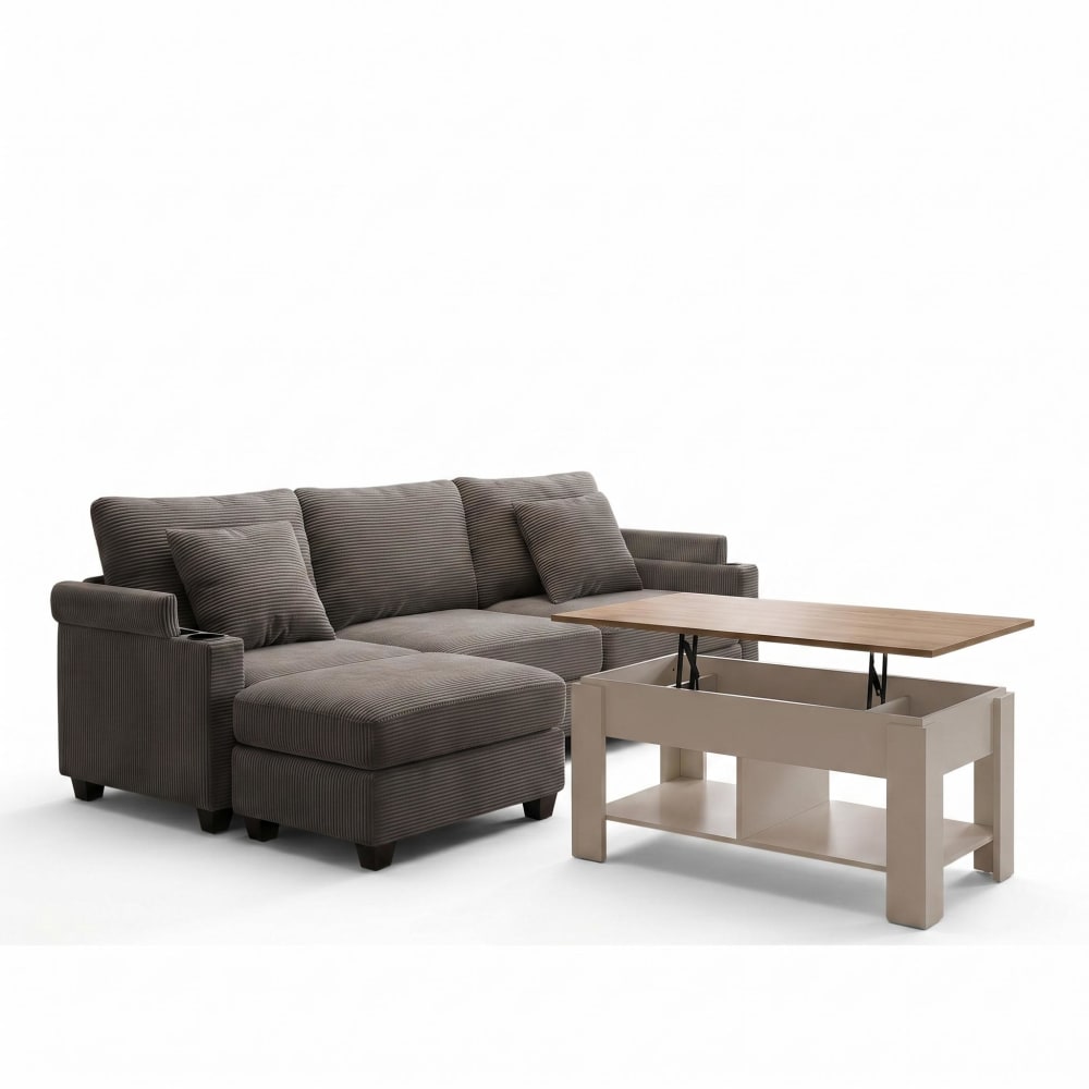 Canapé d'angle gris anthracite et table basse relevable blanc et bois