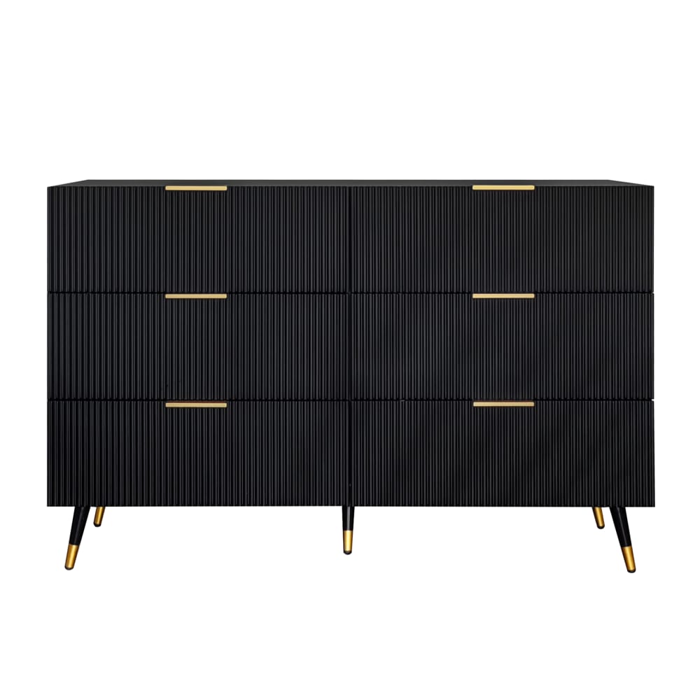 Sideboard mit 6 Schubladen, Goldenen Griffen und Füßen, Schwarz -