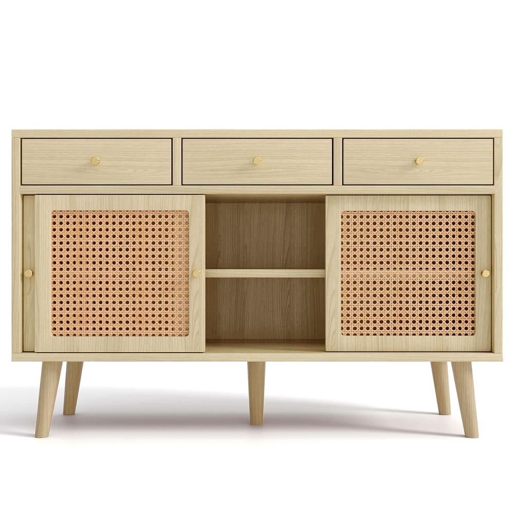 Sideboard mit 3 Schubladen und 3 Schiebetüren, Rattangeflecht,