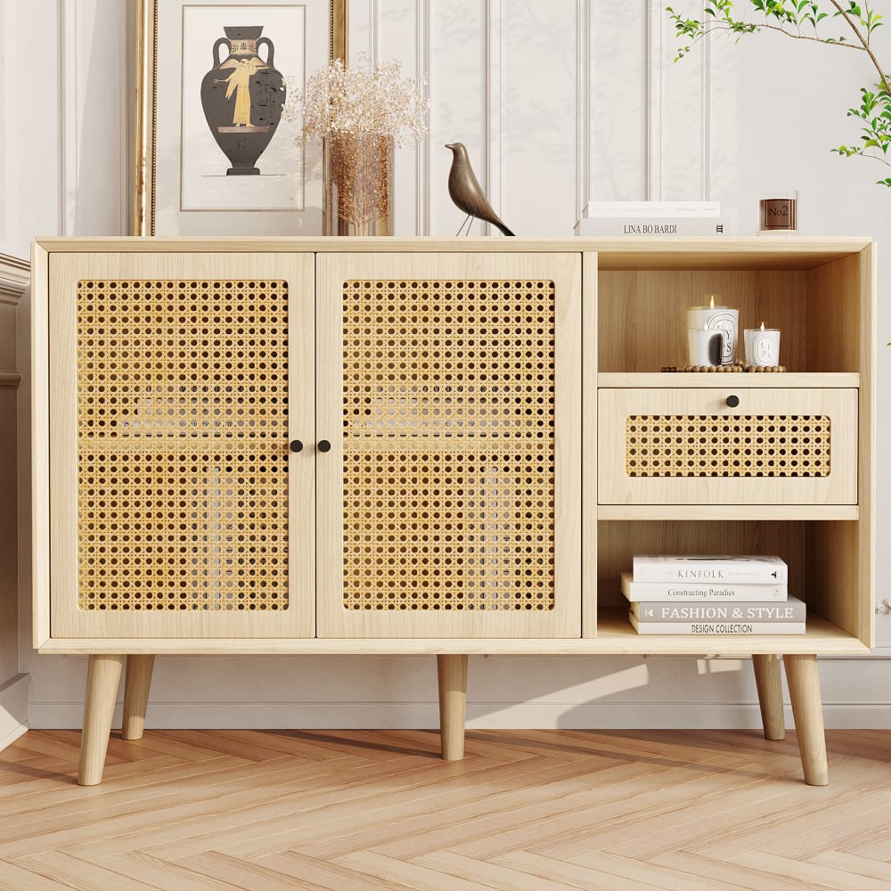 Buffet effet bois chêne et tissage en rotin avec 1 tiroir et 2 portes