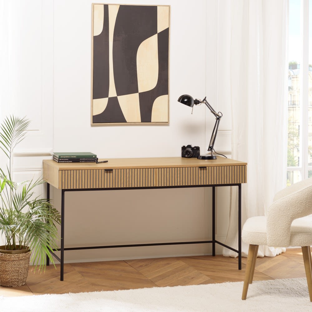 Bureau 2 tiroirs décor effet bois rainuré noir et naturel - Maisons du Monde