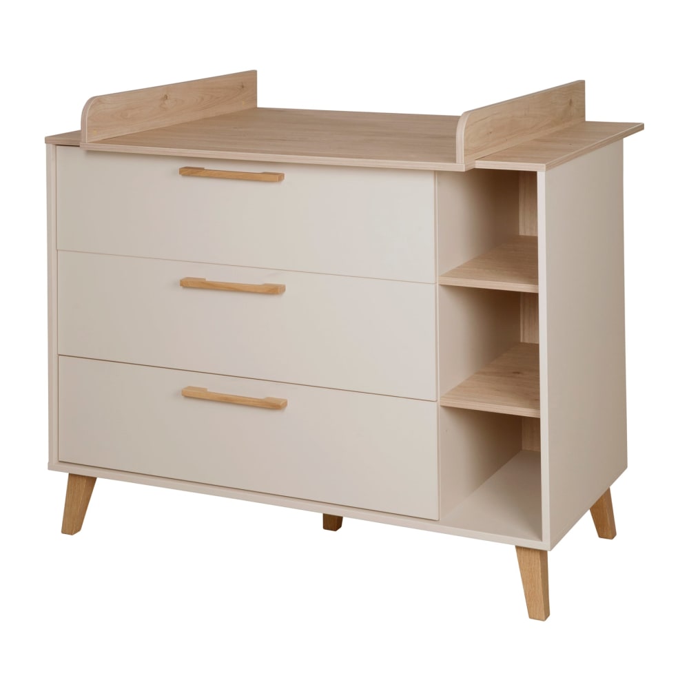 Commode à langer 3 tiroirs 3 niches beige et châtaignier