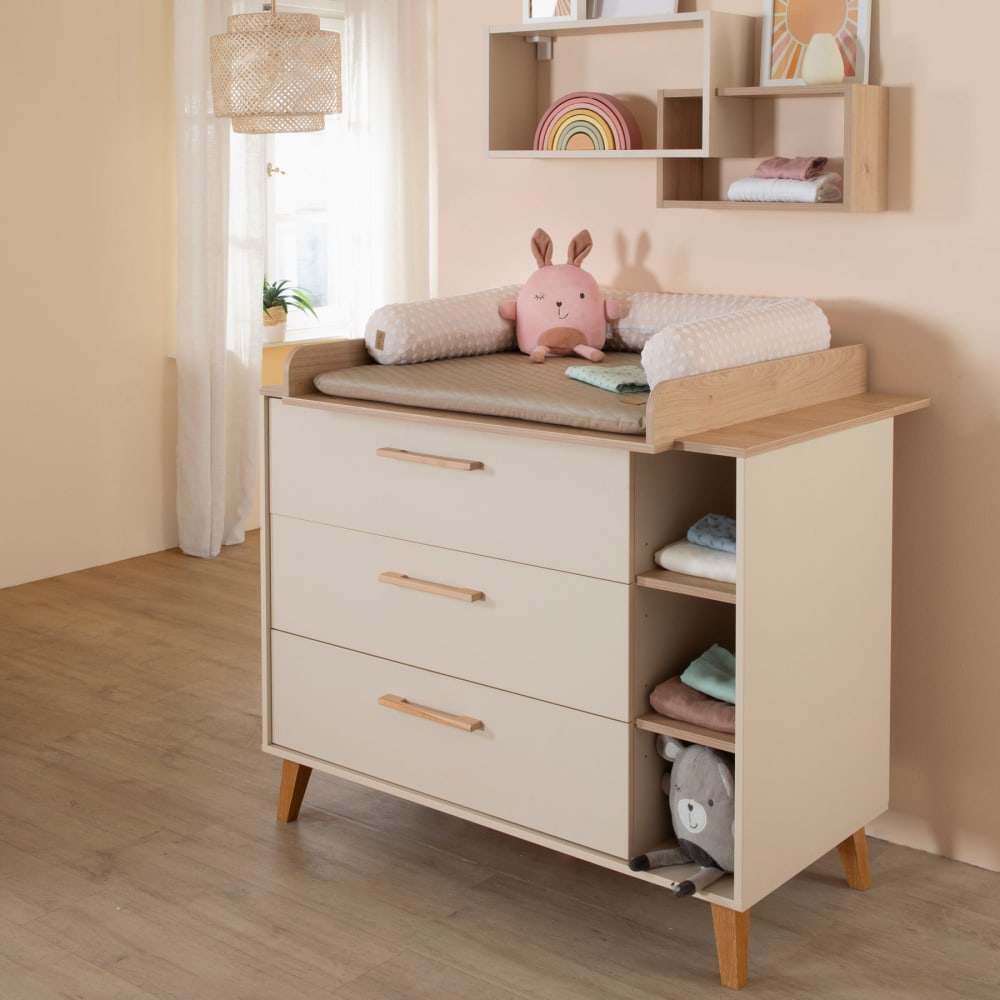 Commode à langer 3 tiroirs 3 niches beige et châtaignier - Maisons du Monde