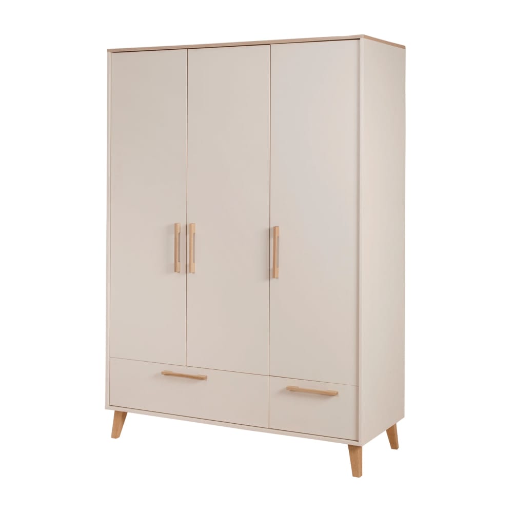 Armoire 3 portes 2 tiroirs en beige et décor châtaignier
