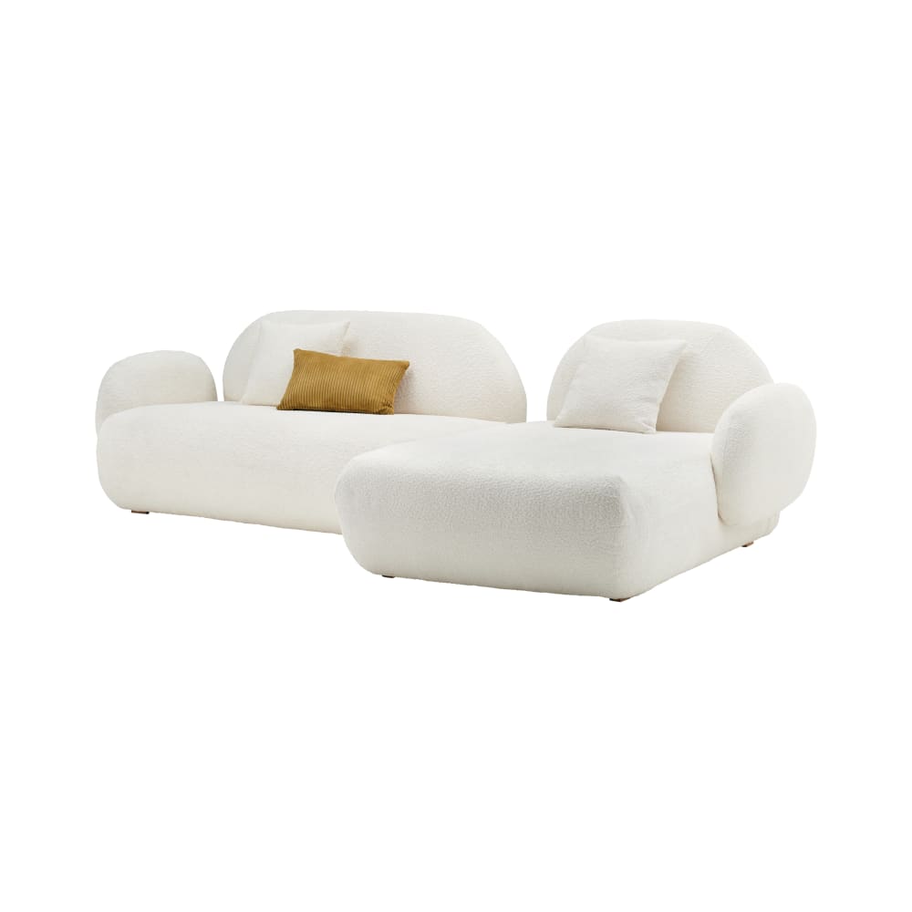 Canapé angle droit 5 places en tissu bouclette ivoire