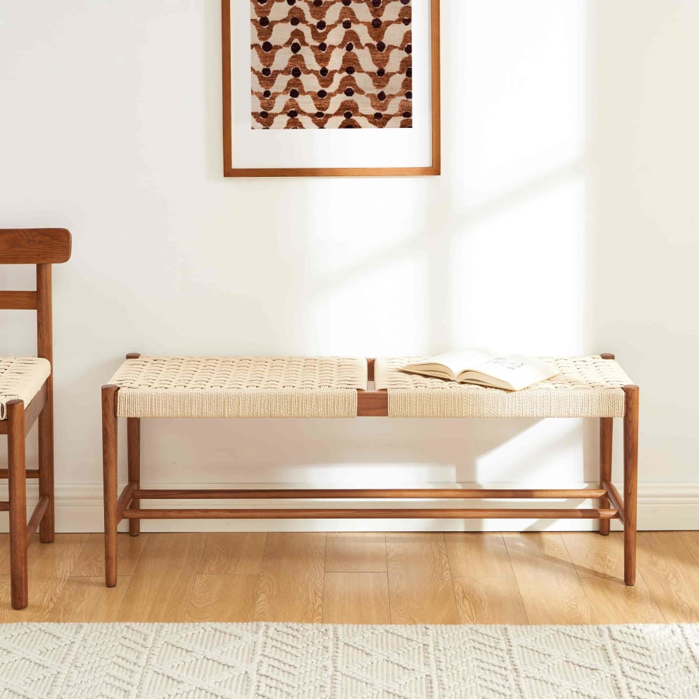 Banc chêne massif couleur noyer et corde 120cm