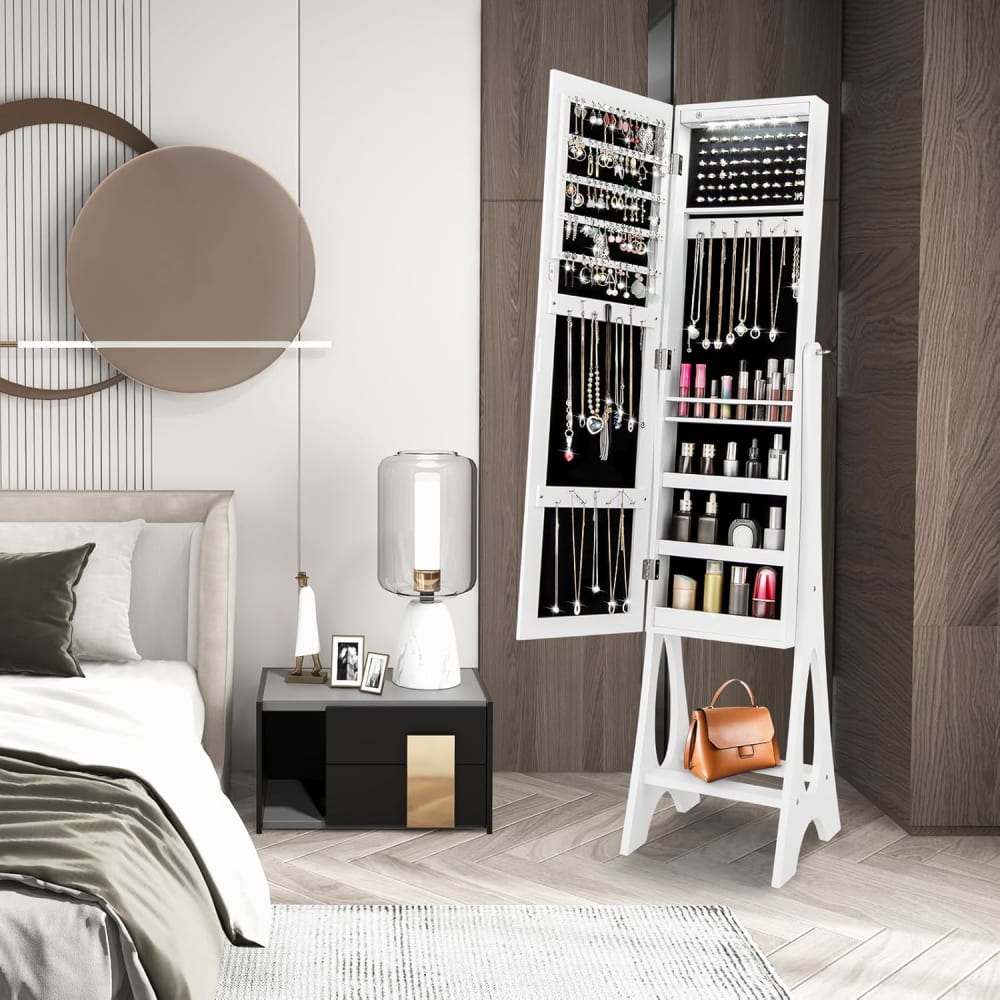 Armoire à bijoux sur pied miroir blanc 36x33,5x154,5cm