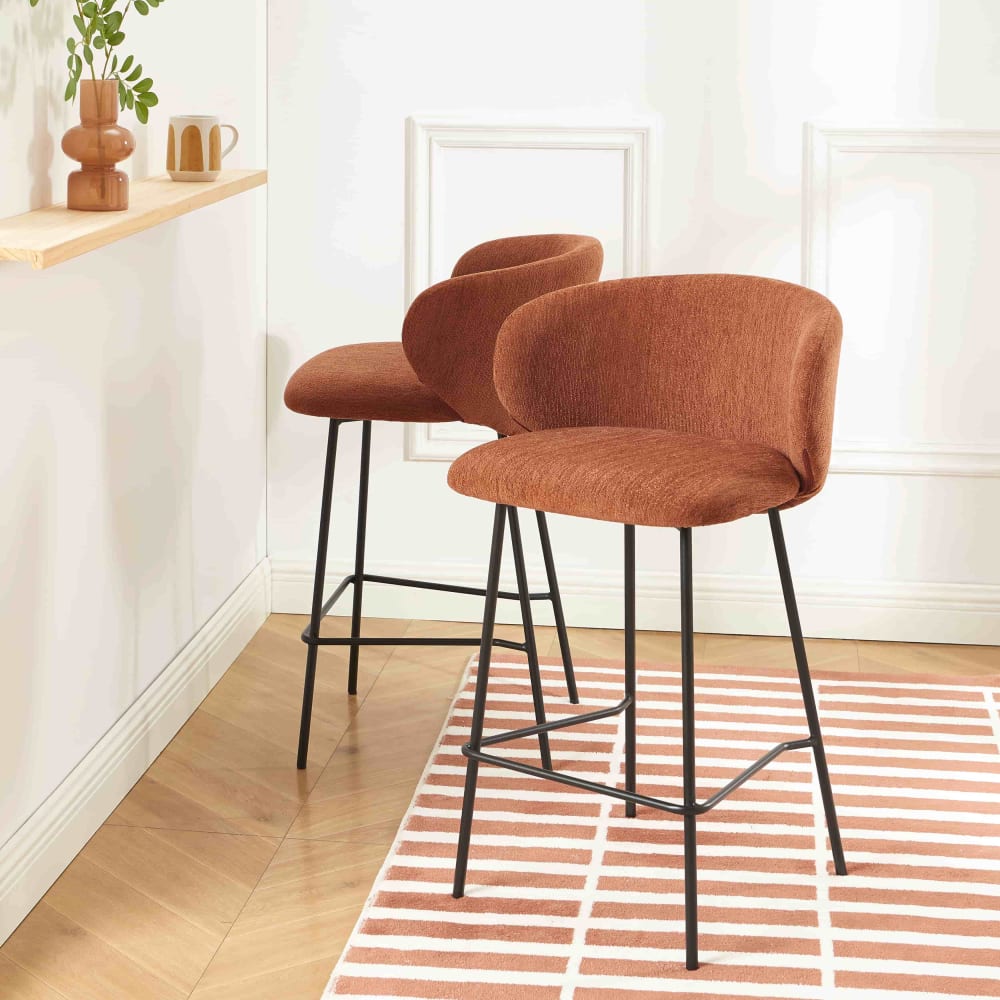 Lot de 2 tabourets tissu chenille terracotta et pieds métal