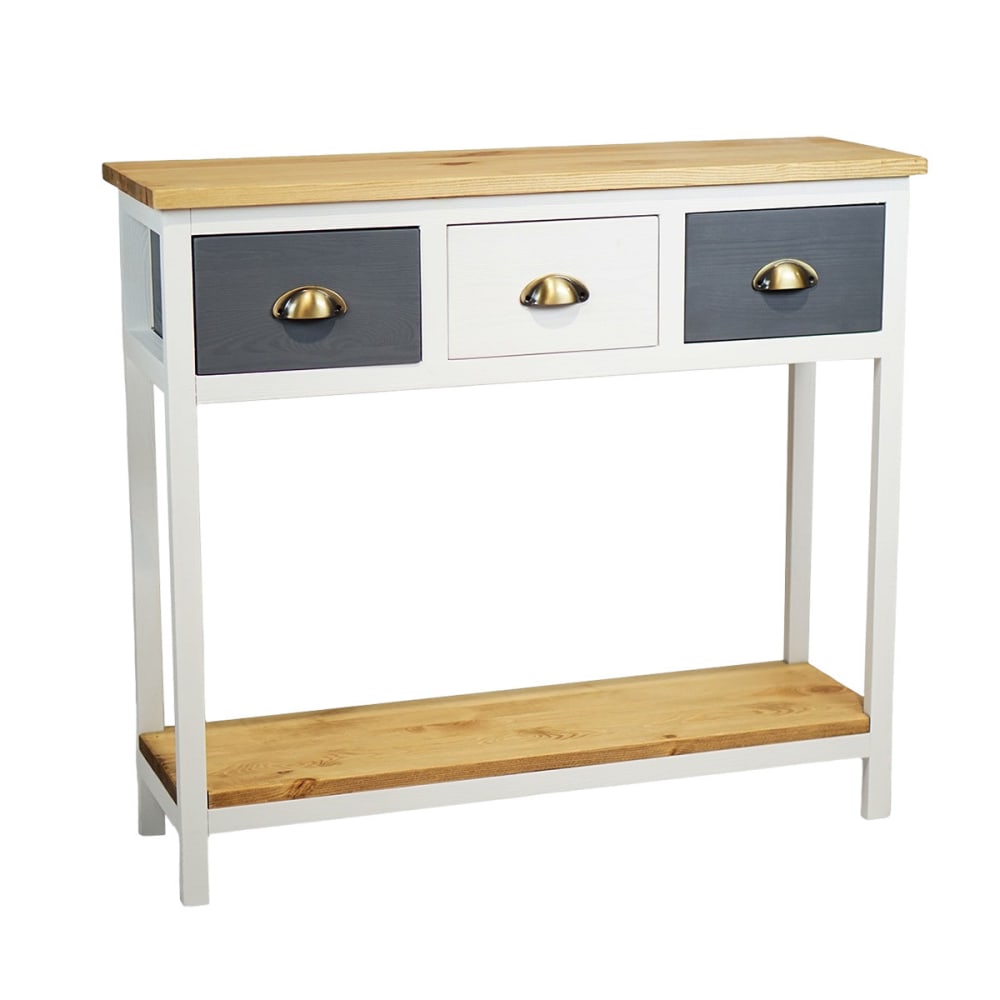 Console 3 tiroirs pin teinté gris et blanc 2 plateaux naturel