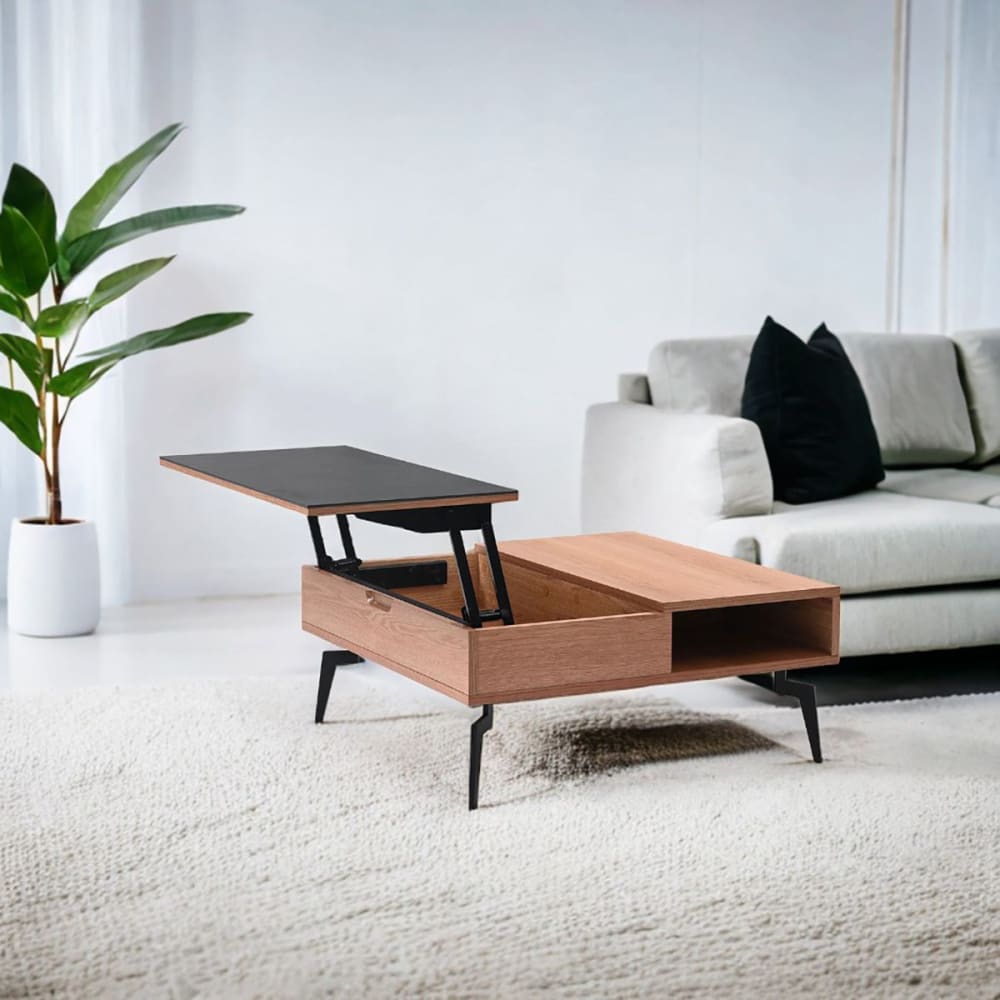 Table basse relevable effet chêne et céramique