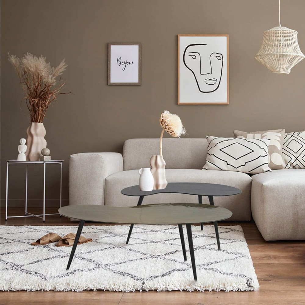 Lot de 2 tables basses plateau aluminium noir et doré pieds acier noir