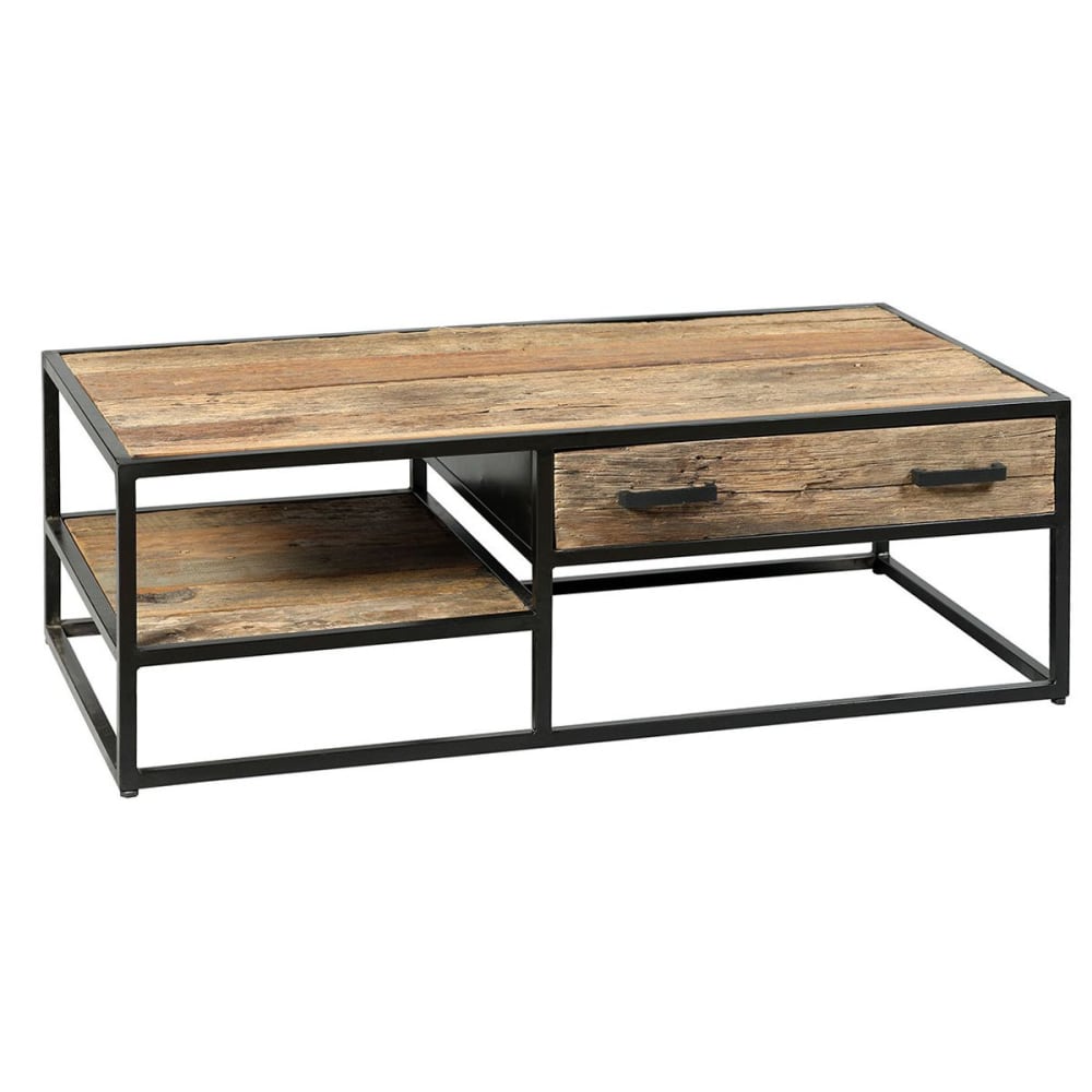 Table basse 1 tiroir en teck recyclé et métal