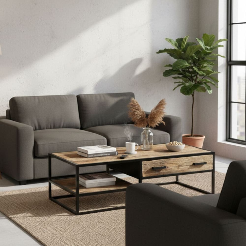 Table basse 1 tiroir en teck recyclé et métal - Maisons du Monde