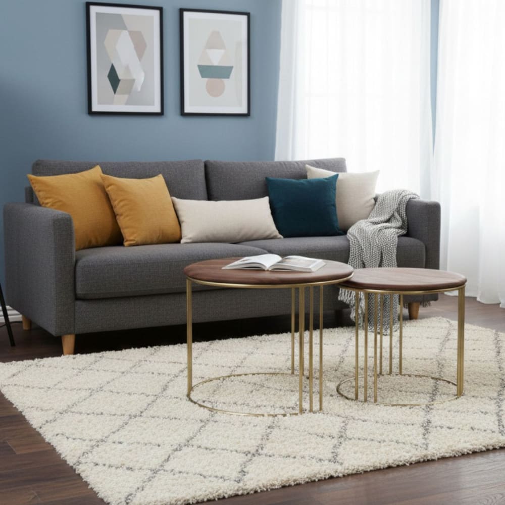 Lot de 2 tables gigogne plateau en acacia massif piètement acier doré