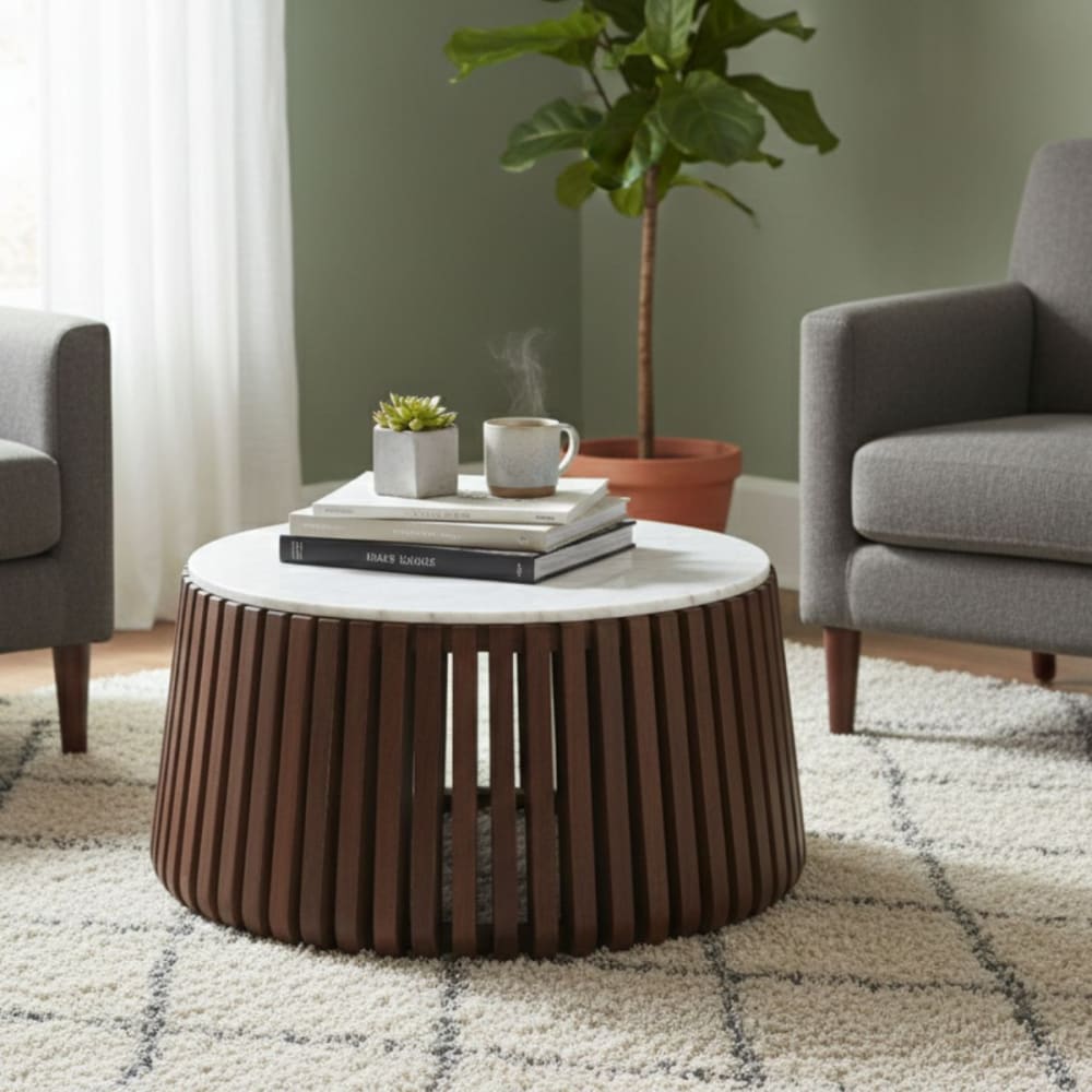 Table basse en marbre blanc et socle en manguier teinté noyer - Maisons du Monde