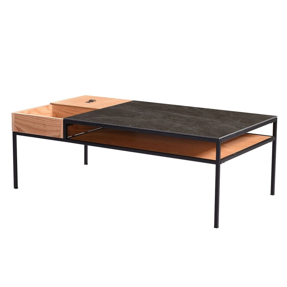 Altobuy Table basse effet chêne céramique et métal noir style industriel Marron Céramique - 110x38x59cm