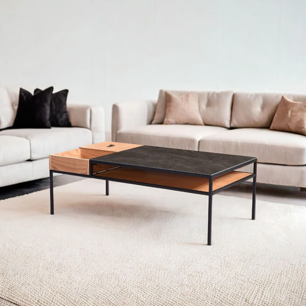 Table basse effet chêne céramique et métal noir - Maisons du Monde