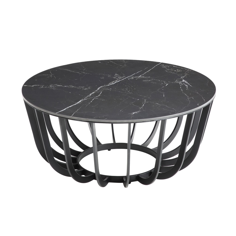 Table basse ronde plateau céramique marbré cadre métal gris anthracite