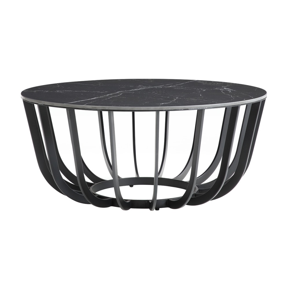 Table basse ronde plateau céramique marbré cadre métal gris anthracite