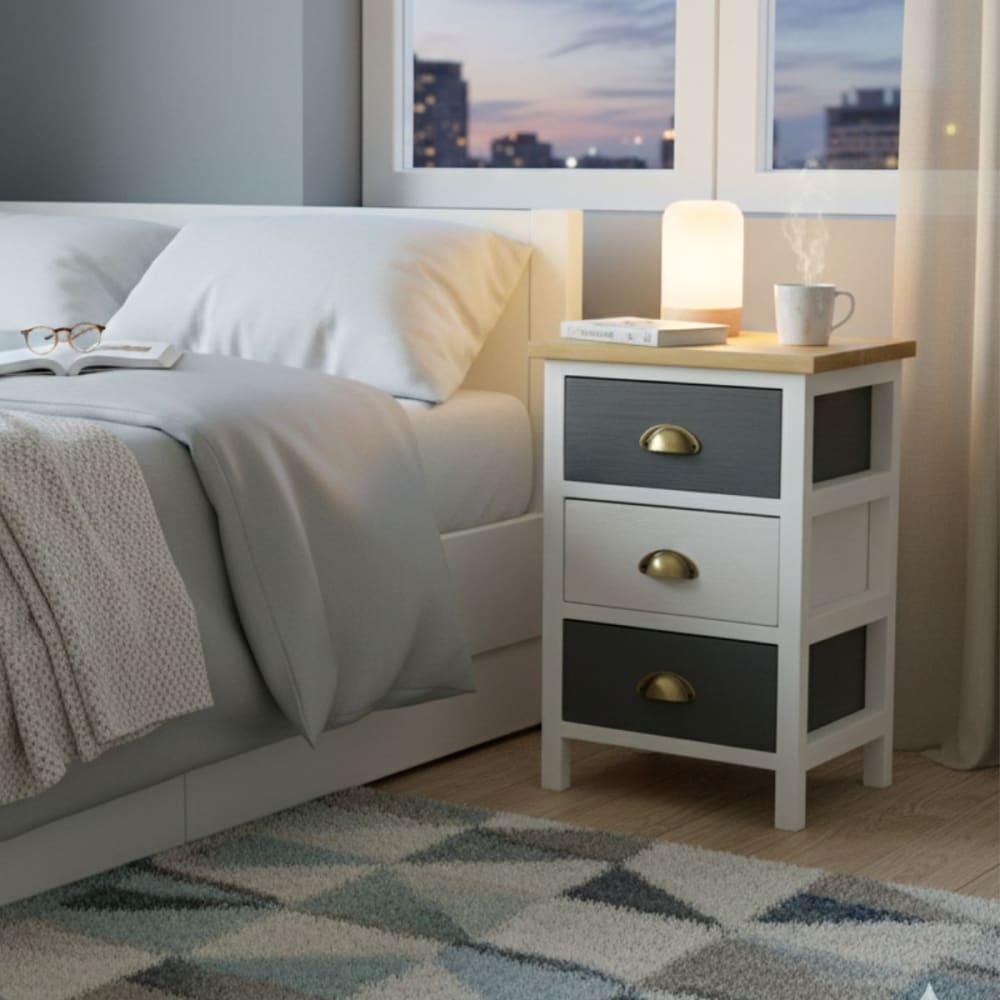 Meuble de rangement 3 tiroirs pin teinté gris et blanc plateau naturel