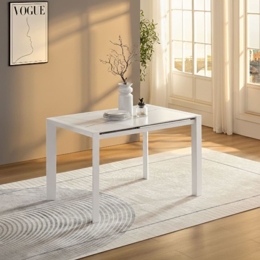 Table repas allongeable céramique marbré blanc pieds métal blanc