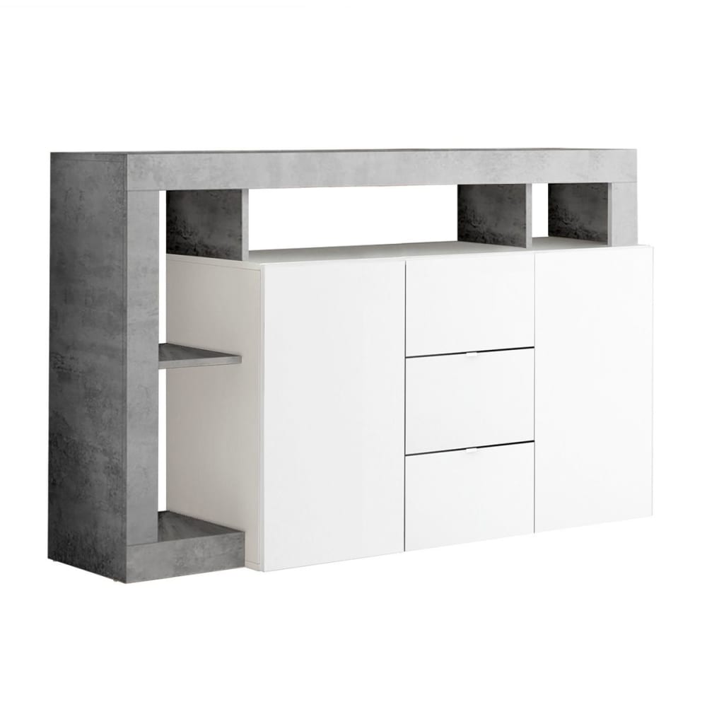 Buffet 2 portes 3 tiroirs blanc laqué avec niches aspect cimento