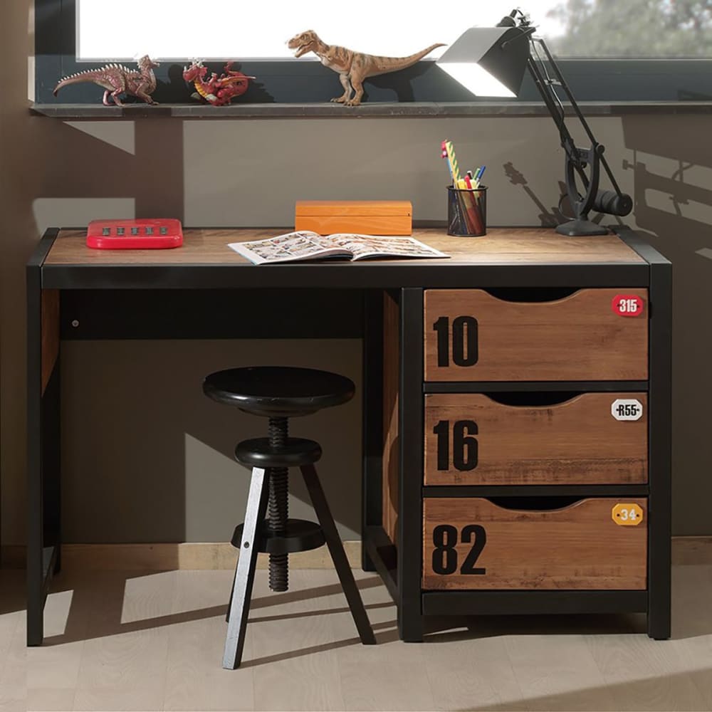 Bureau 3 tiroirs en pin massif avec motifs - Maisons du Monde