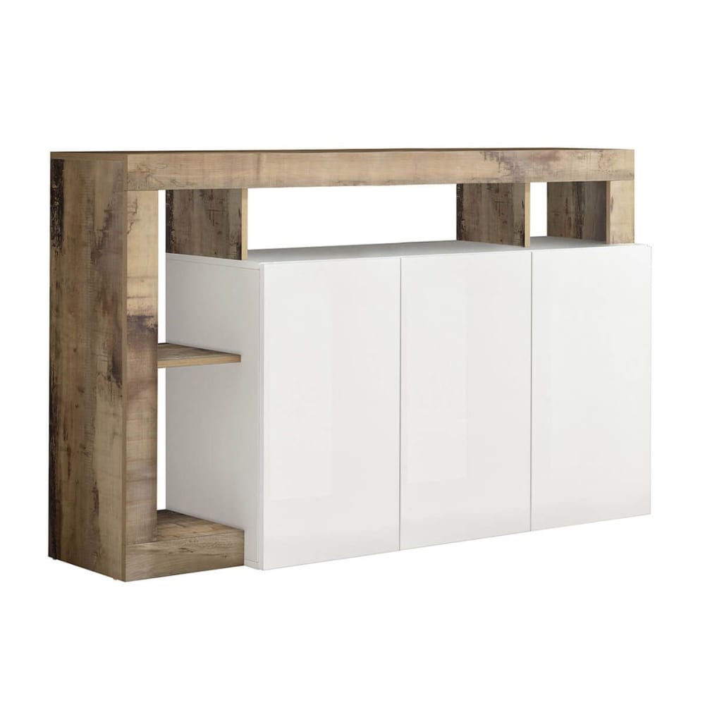 Buffet 3 portes blanc laqué avec niches aspect bois antik
