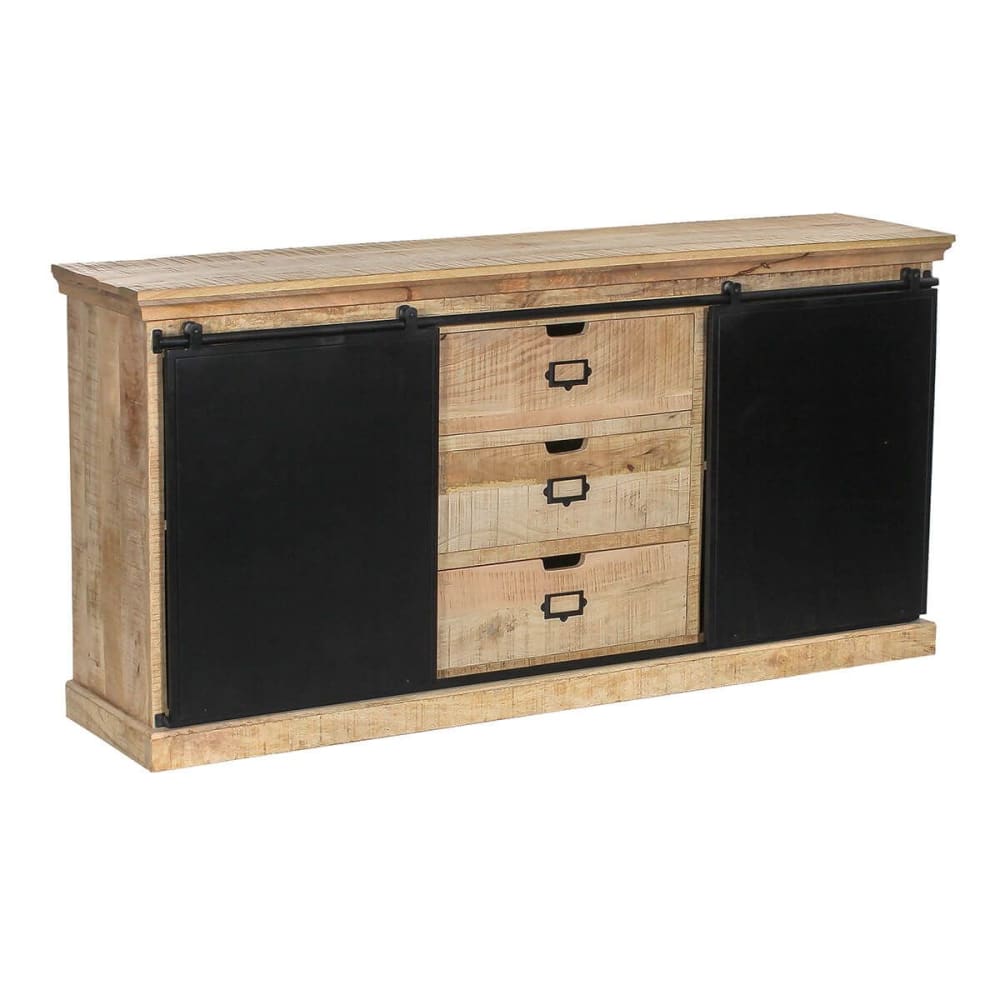 Altobuy Bahut en manguier 3 tiroirs et 2 portes coulissantes métal laqué noir style industriel Marron Bois - 180x85x40cm