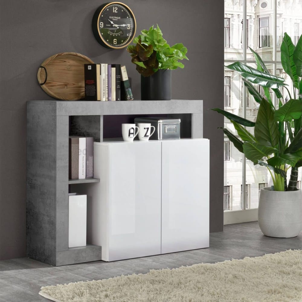 Buffet 2 portes blanc laqué avec niches aspect cimento - Maisons du Monde