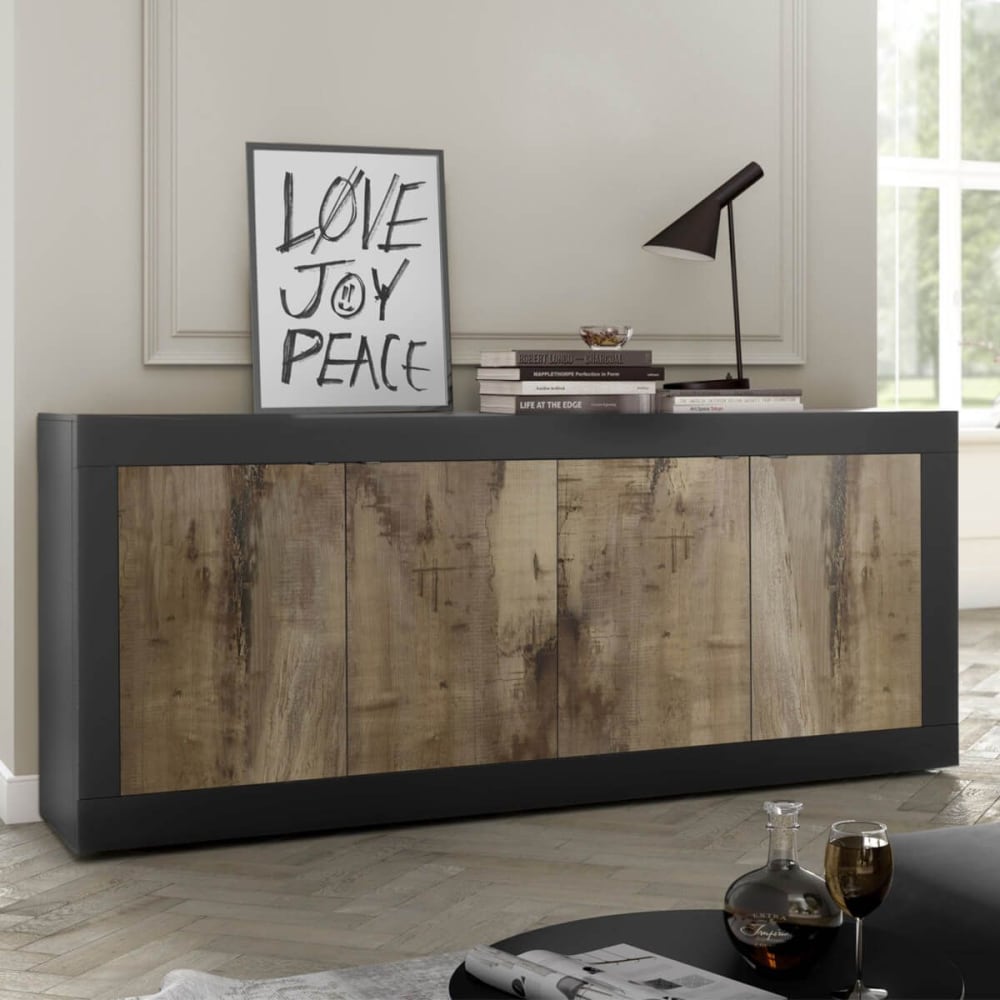 Buffet 4 portes finition noir mat et aspect bois antik - Maisons du Monde