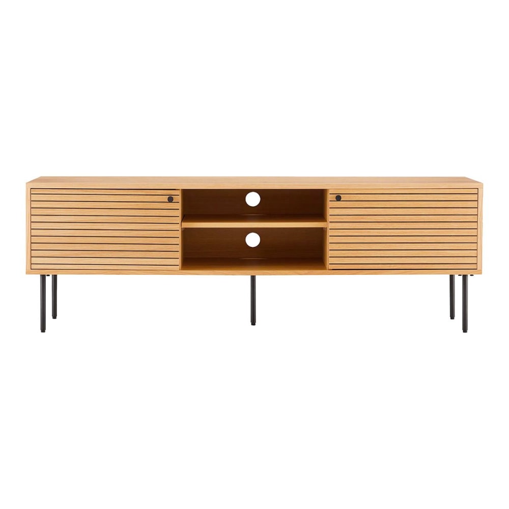 Meuble tv 2 niches 2 portes effet tasseaux teinté chêne clair