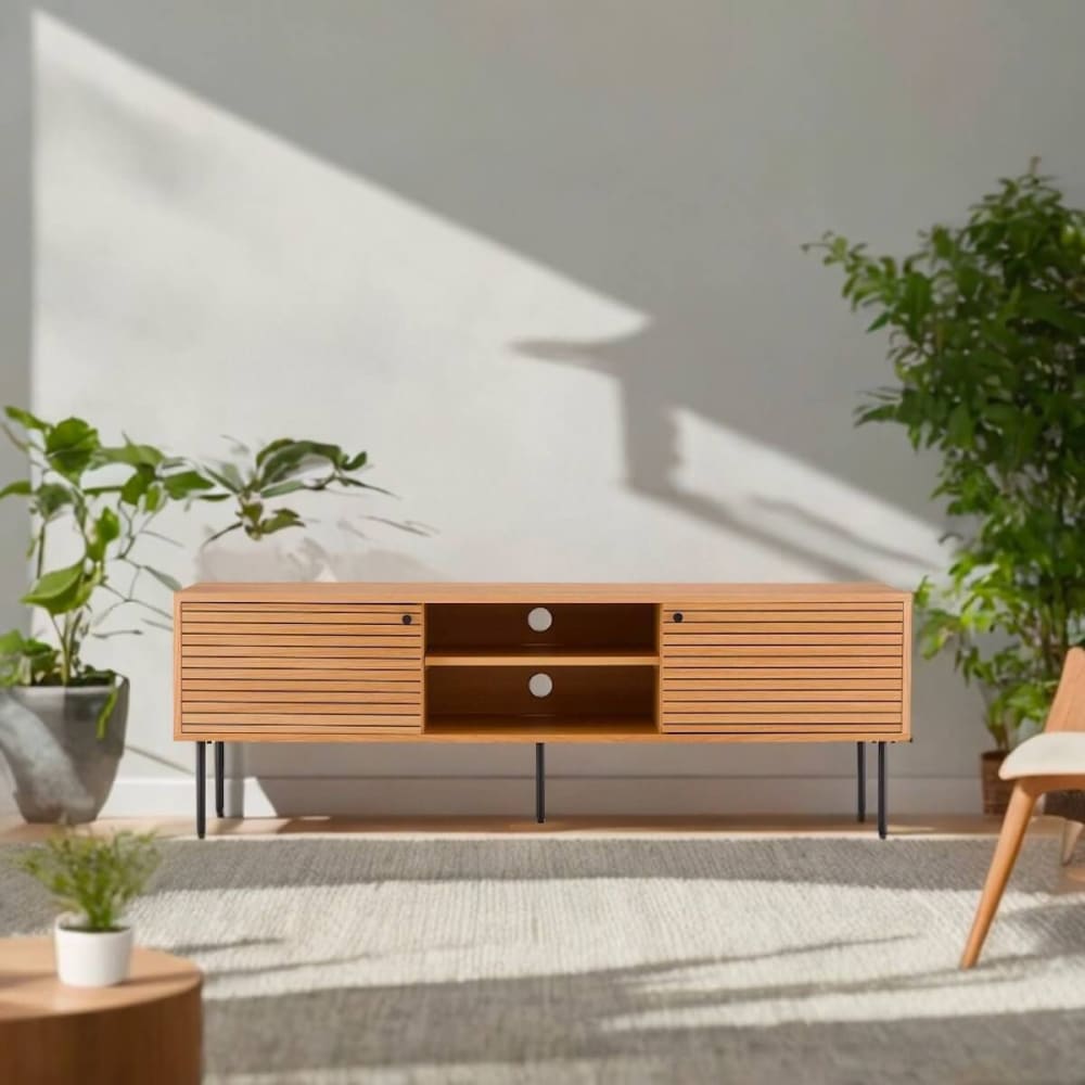 Meuble  tv 2 niches 2 portes effet tasseaux teinté chêne clair