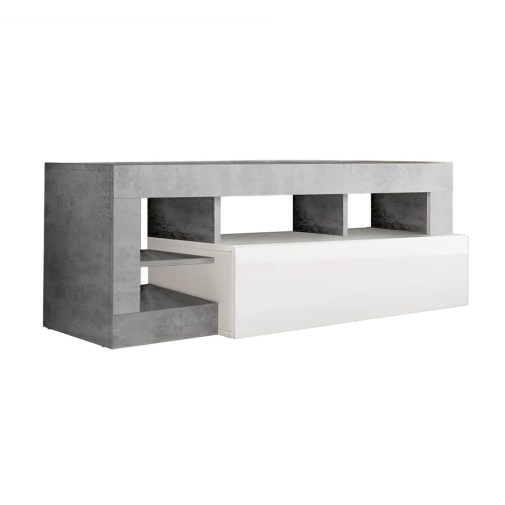 Meuble tv 1 abattant blanc laqué avec niches aspect cimento - Maisons du Monde