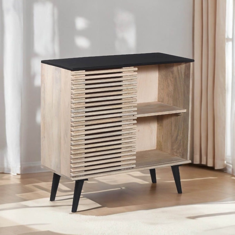 Meuble d'entrée en manguier massif et noir façade ajourée coulissante