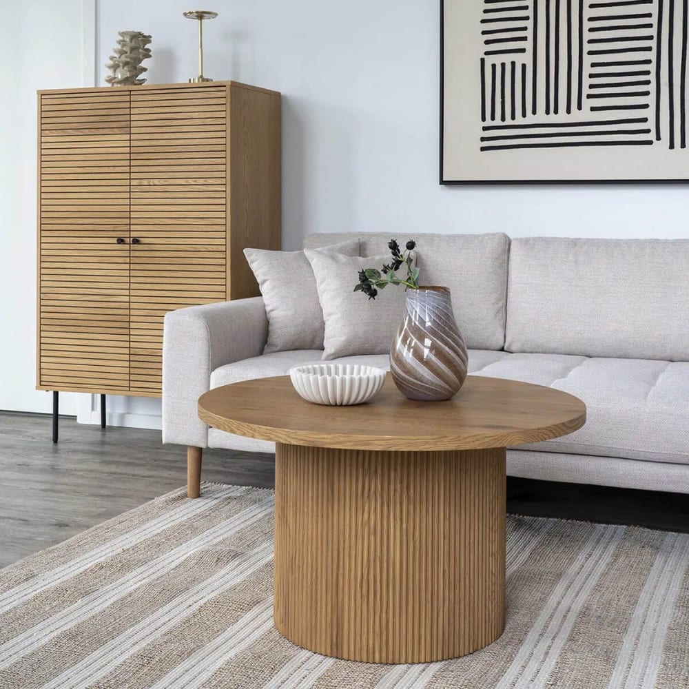 Table basse ronde 80cm pieds relief mdf effet bois naturel