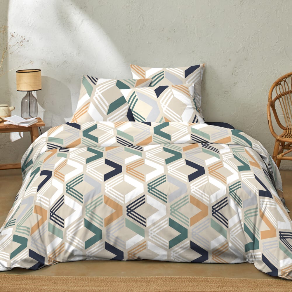 Parure housse de couette coton imprimée + 2 taies 260x240 cm