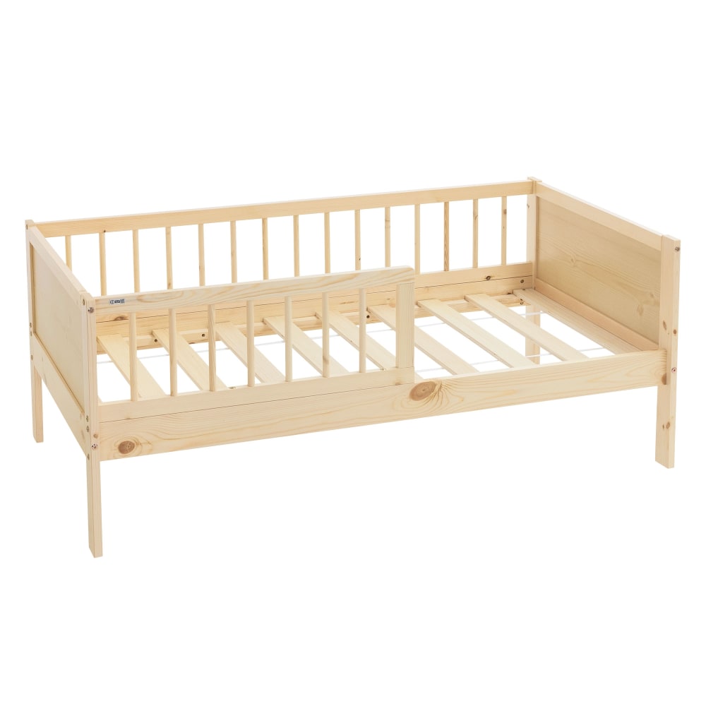 Lit enfant simple 70x140 cm naturel bois avec sommier et anti-chute